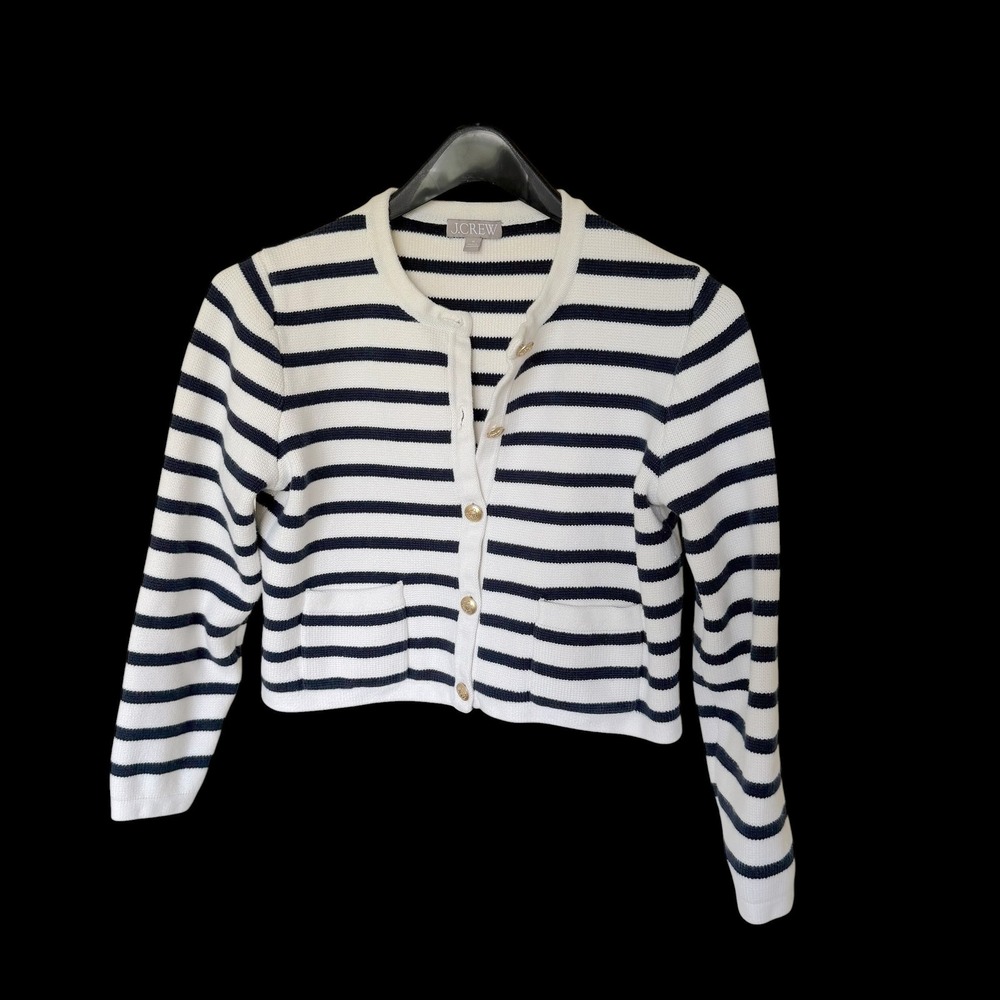 J.Crew Emilie Patch-Pocket Lady Cardigan Striped Cotton Sweater‎ BQ196 Med